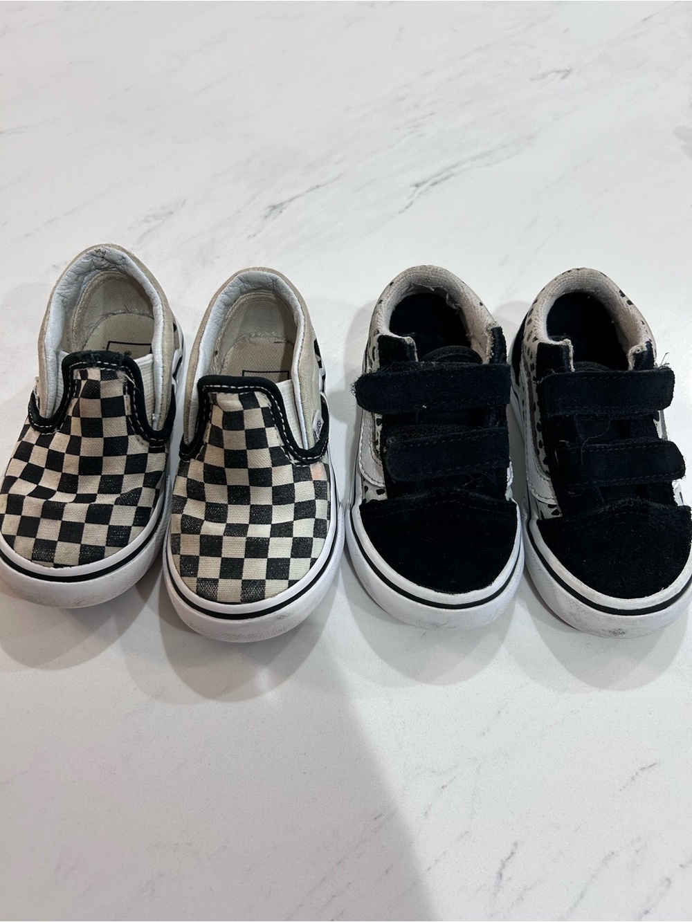 Vans Kids Black and White Checkerboard Slip-On & Black Velcro Sneakers